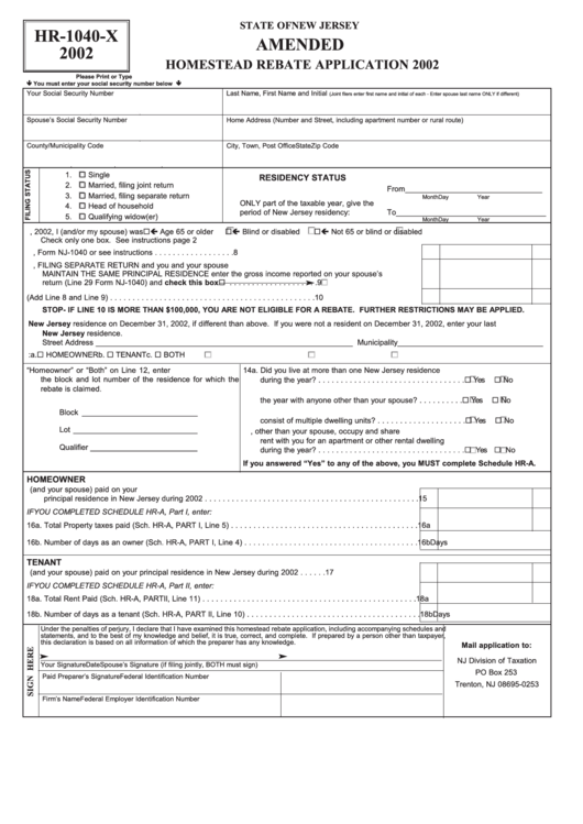 Form Hr-1040-X - Amended Homestead Rebate Application - 2002 Printable pdf