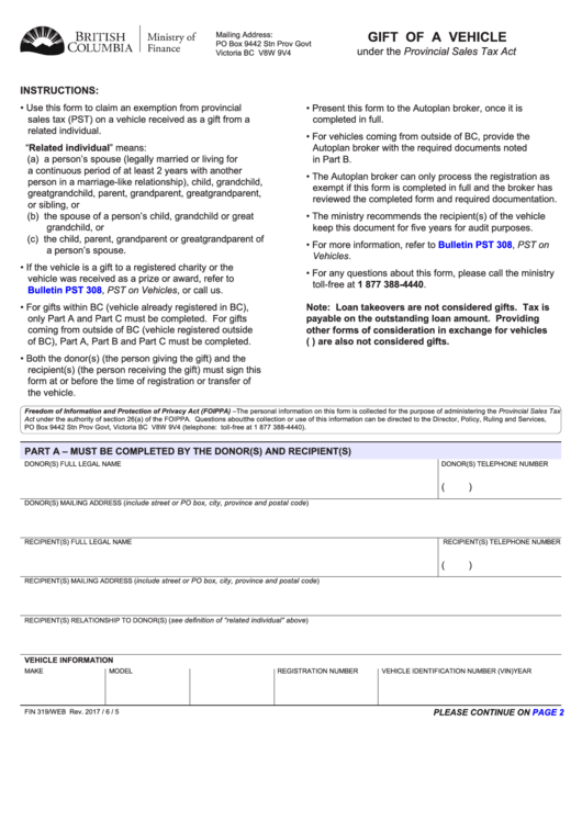 Fillable Form Fin 319/web - Gift Of A Vehicle - British Columbia, Canada Printable pdf