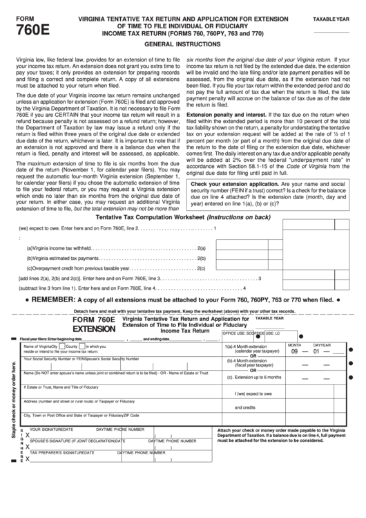 Form 760e - Virginia Tentative Tax Return And Application For Extension Of Time To File Individual Or Fiduciary Income Tax Return (Forms 760, 760py, 763 And 770) - 1999 Printable pdf