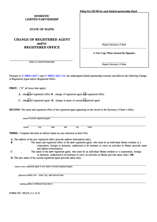 Fillable Form Mlpa-3 - Change Of Registered Agent And/or Registered Office - 2004 Printable pdf