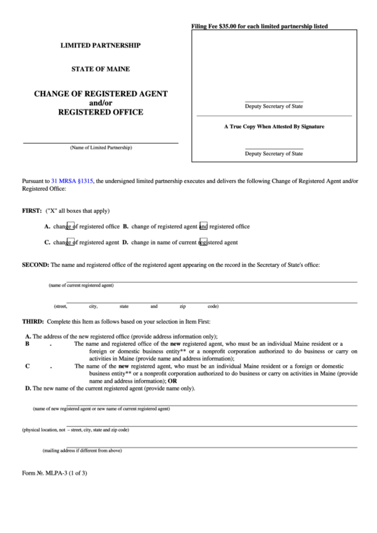 Fillable Form Mlpa-3 - Change Of Registered Agent And/or Registered Office Printable pdf