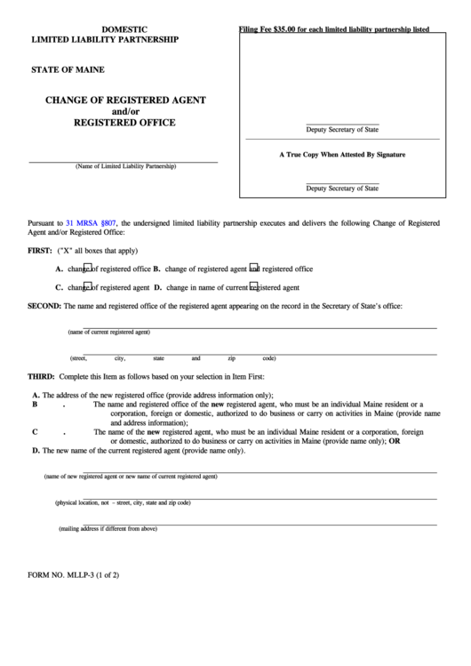 Fillable Form Mllp-3 - Change Of Registered Agent And/or Registered Office Printable pdf