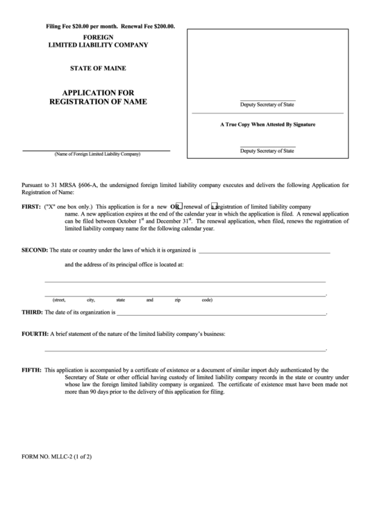 Fillable Form Mllc-2 - Application For Registration Of Name - 2008 Printable pdf