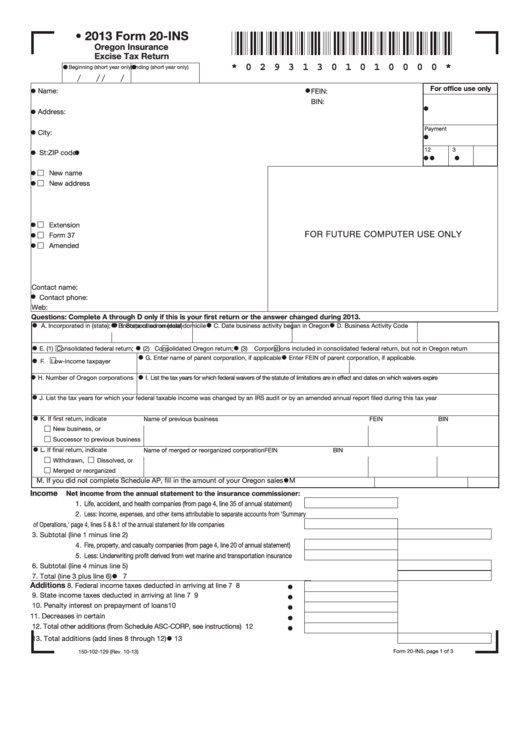 Fillable Form 20-Ins - Oregon Insurance Excise Tax Return - 2013 Printable pdf