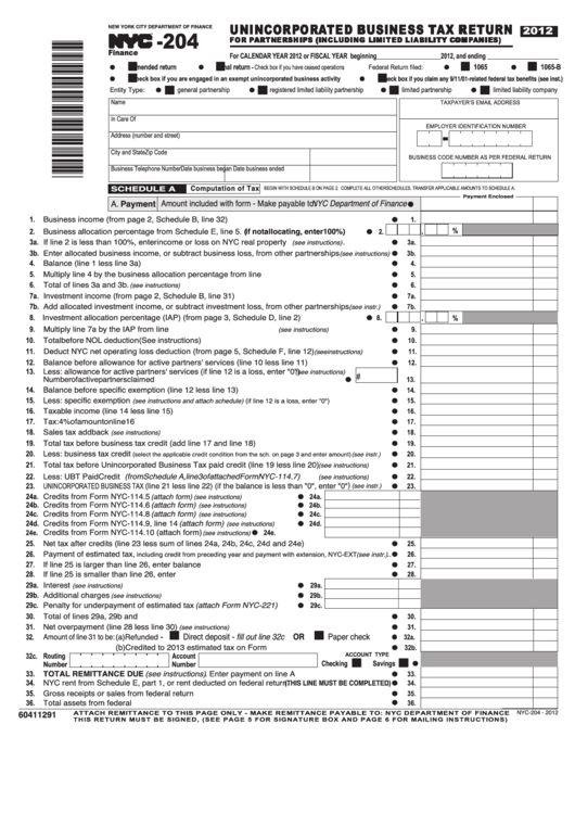 Fillable Form Nyc-204 - Unincorporated Business Tax Return - 2012 Printable pdf