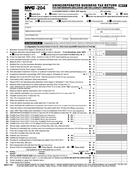 Form Nyc-204 - Unincorporated Business Tax Return - 2011 Printable pdf