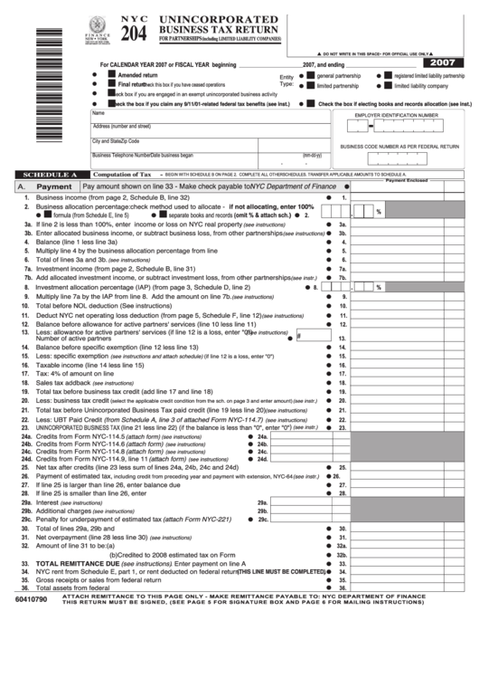 Form Nyc-204 - Unincorporated Business Tax Return - 2007 Printable pdf