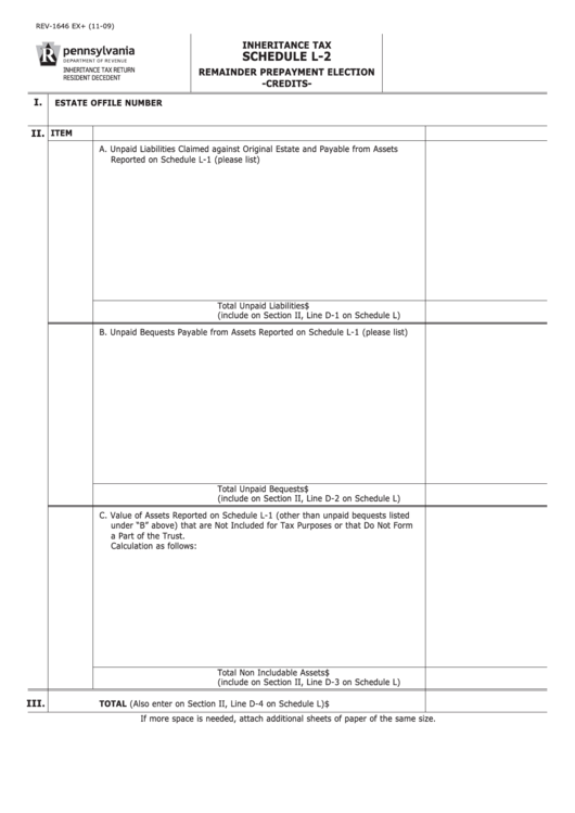 Fillable Schedule L-2 (Form Rev-1646 Ex+) - Remainder Prepayment Election - Credits Printable pdf