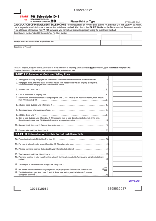 Fillable Pa Schedule D-1 (Form Rev-1689 Ex) - Calculation Of Installment Sale Income Printable pdf