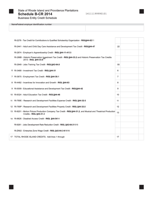 Fillable Schedule B-Cr - Business Entity Credit Schedule - 2014 Printable pdf
