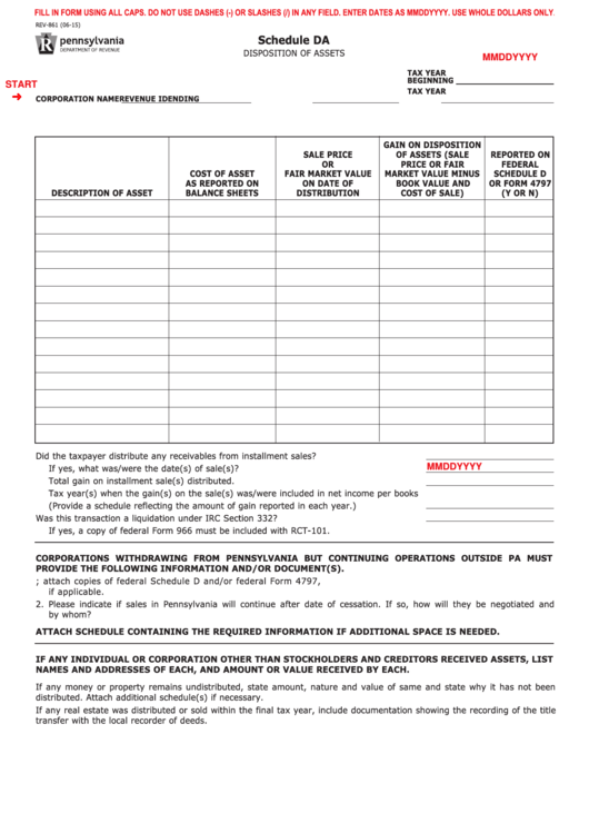 Fillable Schedule Da (Form Rev-861) - Disposition Of Assets Printable pdf