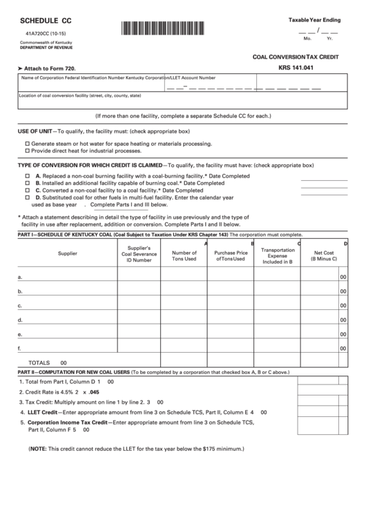 Fillable Schedule Cc (Form 41a720cc) - Coal Conversion Tax Credit Printable pdf