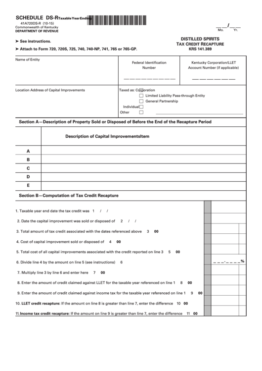 Fillable Schedule Ds-R (Form 41a720ds-R) - Distilled Spirits Tax Credit Recapture Printable pdf