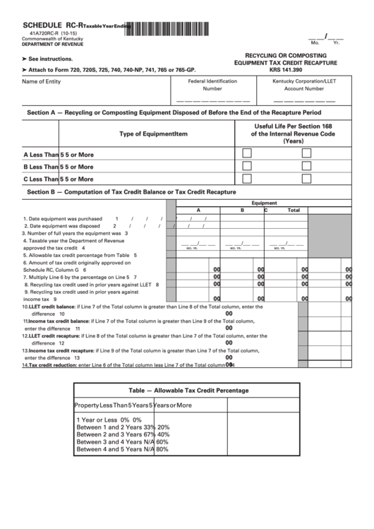 Fillable Schedule Rc-R (Form 41a720rc-R) - Recycling Or Composting Equipment Tax Credit Recapture Printable pdf