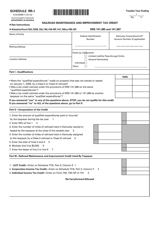 Fillable Schedule Rr-I (Form 41a720rr-I) - Railroad Maintenance And Improvement Tax Credit Printable pdf