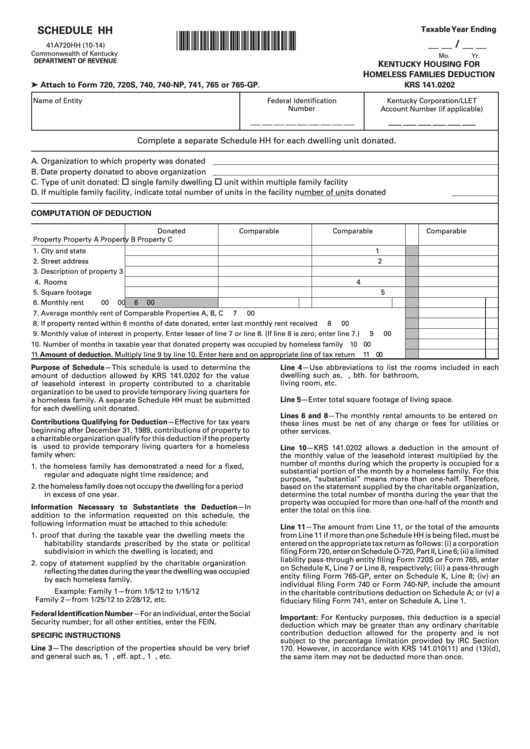 Fillable Schedule Hh (Form 41a720hh) - Kentucky Housing For Homeless Families Deduction Printable pdf