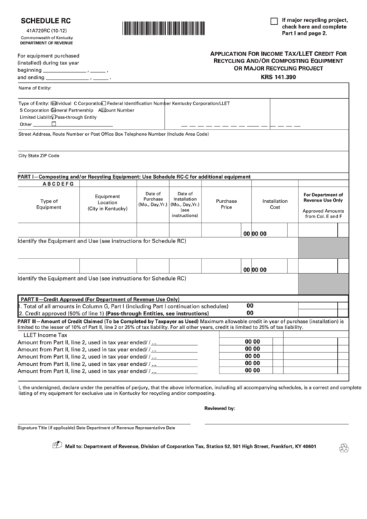 Fillable Schedule Rc (Form 41a720rc) - Application For Income Tax/llet Credit For Recycling And/or Composting Equipment Or Major Recycling Project Printable pdf