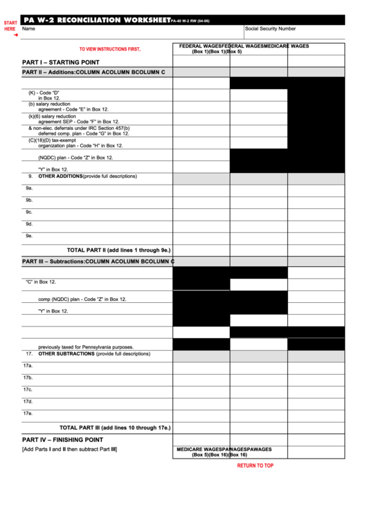 Fillable Form Pa W-2 - Reconciliation Worksheet (Pa-40 W-2 Rw) Printable pdf