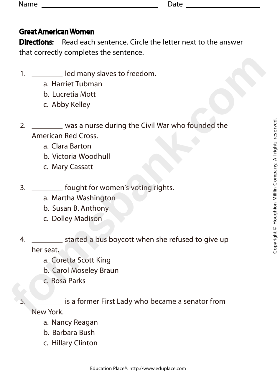 Great American Women Quiz Worksheet