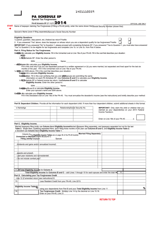 Fillable Pa Schedule Sp - Special Tax Forgiveness - 2014 Printable pdf