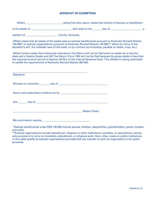 Form 92a300 - Affidavit Of Exemption Printable pdf