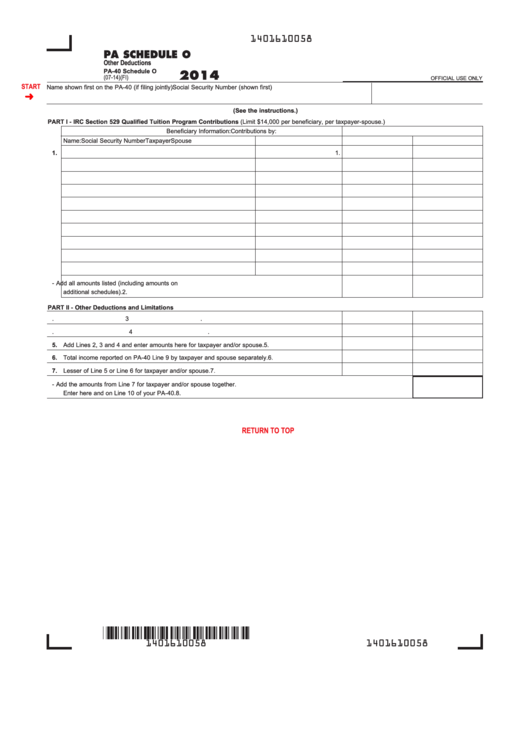 Fillable Pa Schedule O (Form Pa-40) - Other Deductions - 2014 Printable pdf