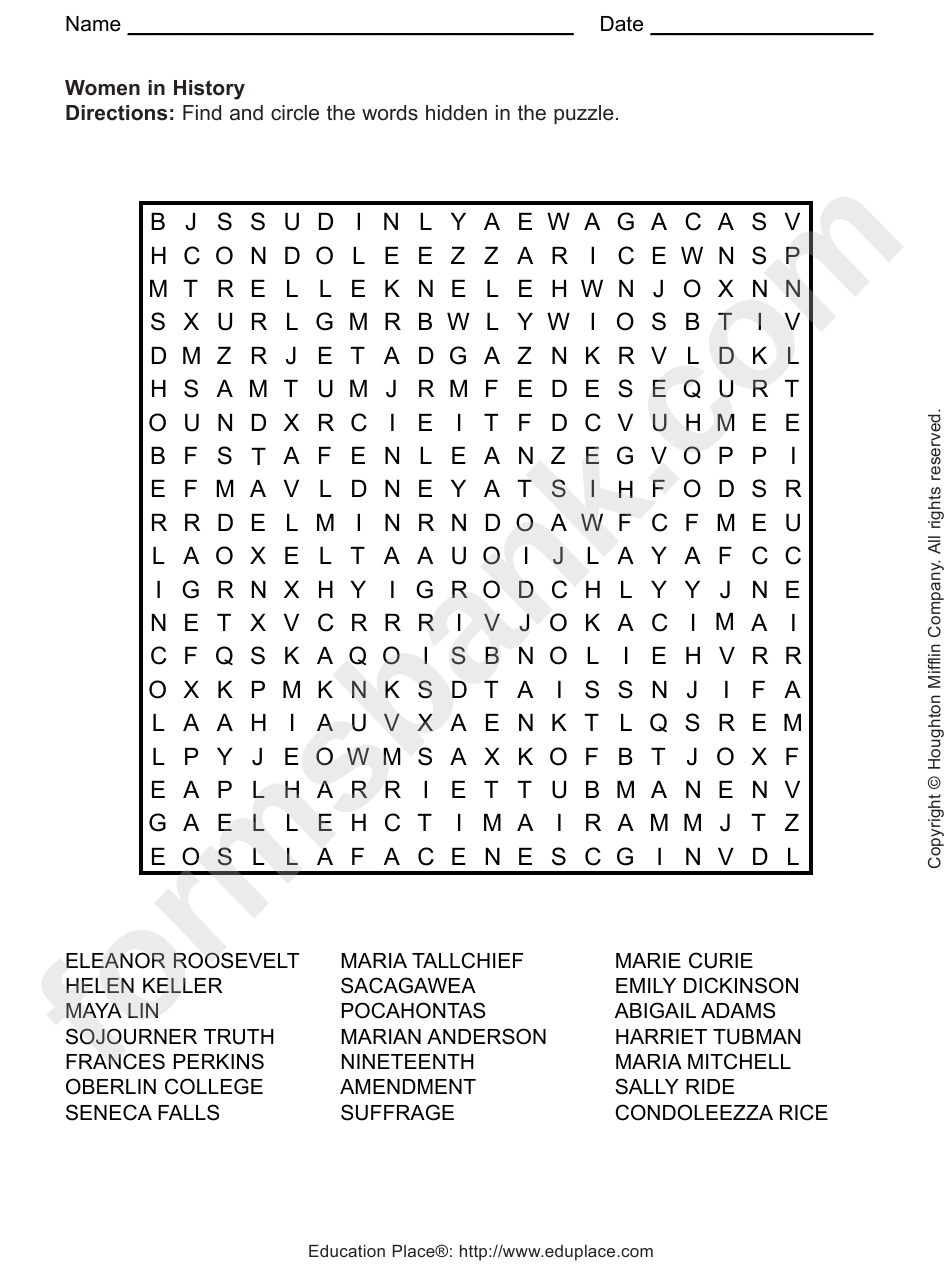 Women In History Word Search Puzzle Template