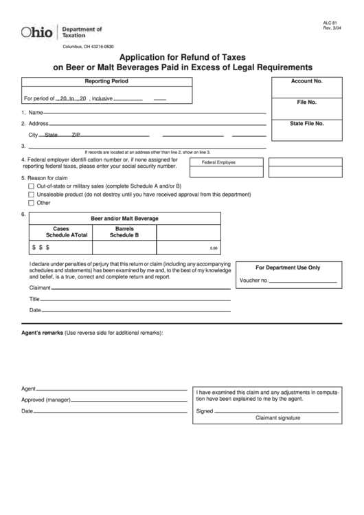 Fillable Form Alc 81 - Application For Refund Of Taxes On Beer Or Malt Beverages Paid In Excess Of Legal Requirements Printable pdf