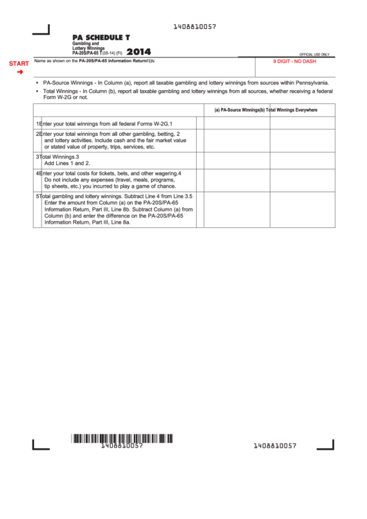 Fillable Pa Schedule T (Form Pa-20s/pa-65 T) - Gambling And Lottery Winnings Printable pdf