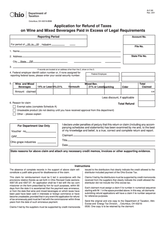 Fillable Form Alc 80 - Application For Refund Of Taxes On Wine And Mixed Beverages Paid In Excess Of Legal Requirements Printable pdf