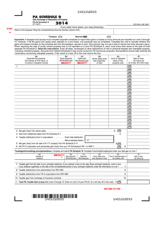 Fillable Pa Schedule D (Form Pa-40) - Sale, Exchange Or Disposition Of Property - 2014 Printable pdf