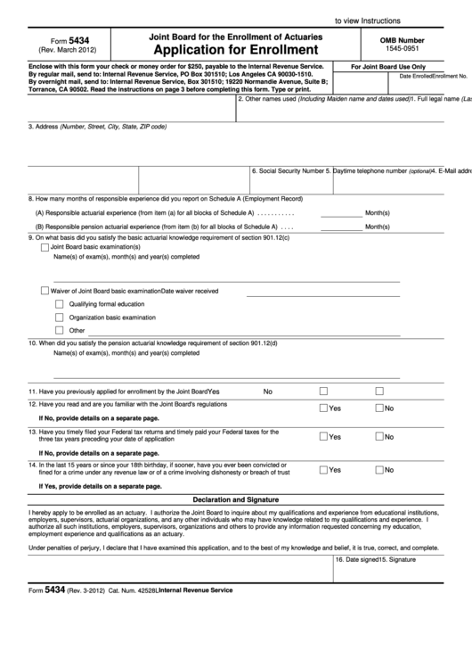 Fillable Form 5434 - Application For Enrollment - Joint Board For The Enrollment Of Actuaries Printable pdf