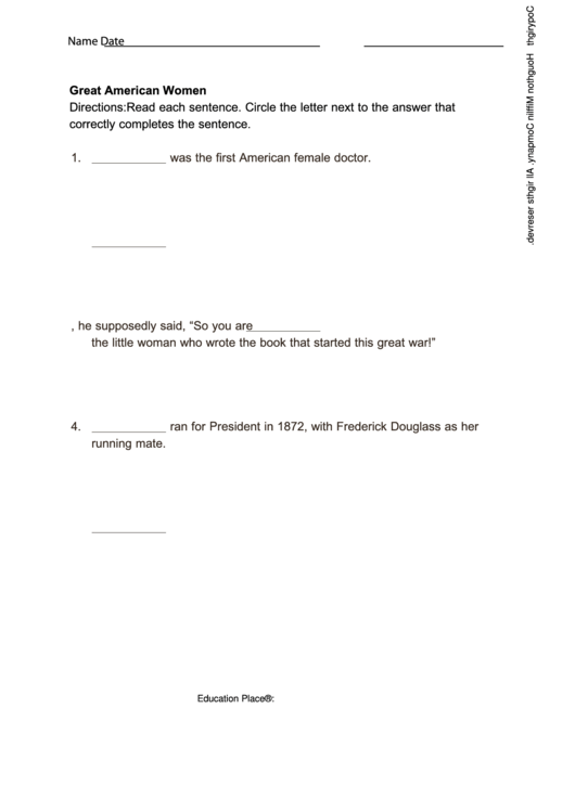 Great American Women Quiz Worksheet Printable pdf