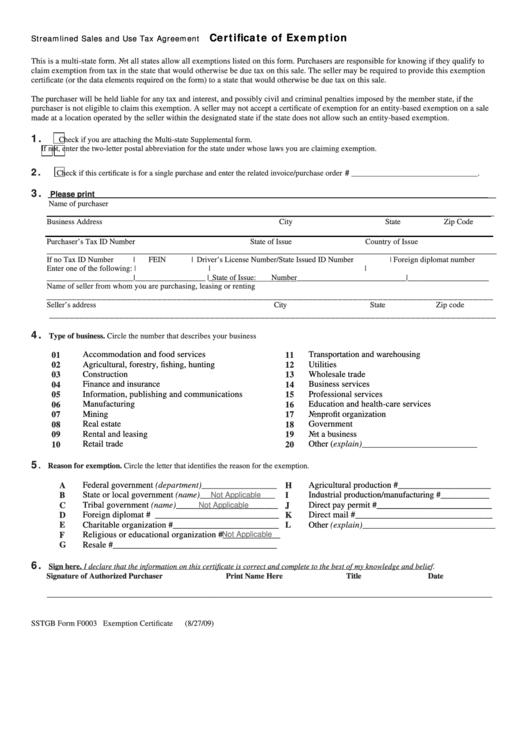 Fillable Sstgb Form F0003 - Streamlined Sales And Use Tax Agreement - Certificate Of Exemption Printable pdf
