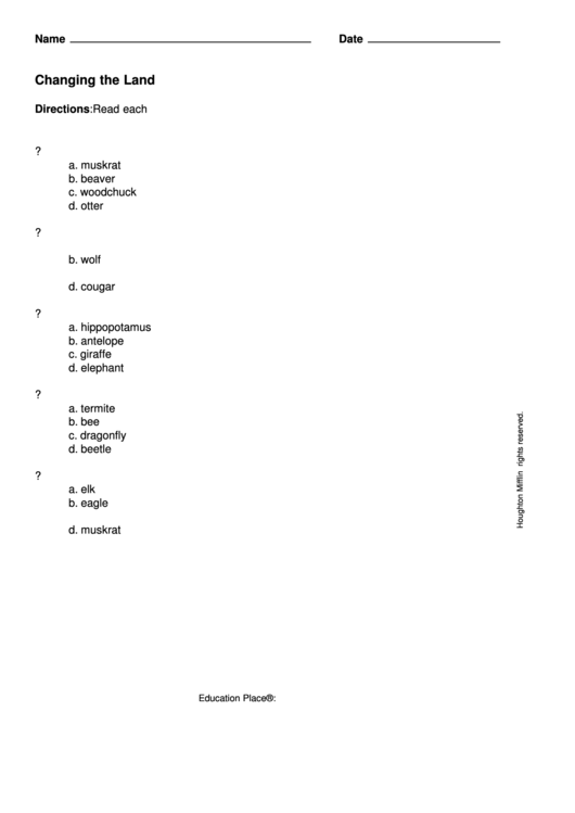 Changing The Land Quiz Worksheet Printable pdf