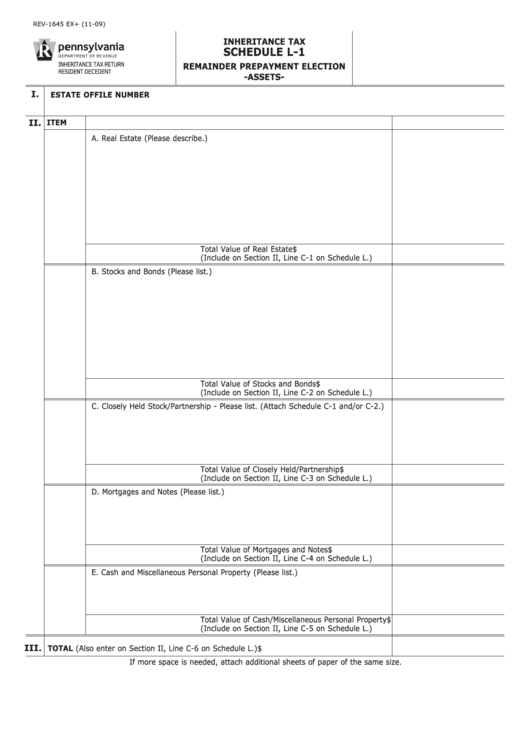 Fillable Schedule L-1 (Form Rev-1645 Ex+) - Remainder Prepayment Election - Assets Printable pdf
