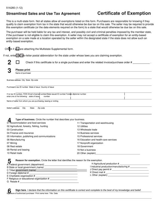 Fillable Form 51a260 - Streamlined Sales And Use Tax Agreement - Certificate Of Exemption Printable pdf