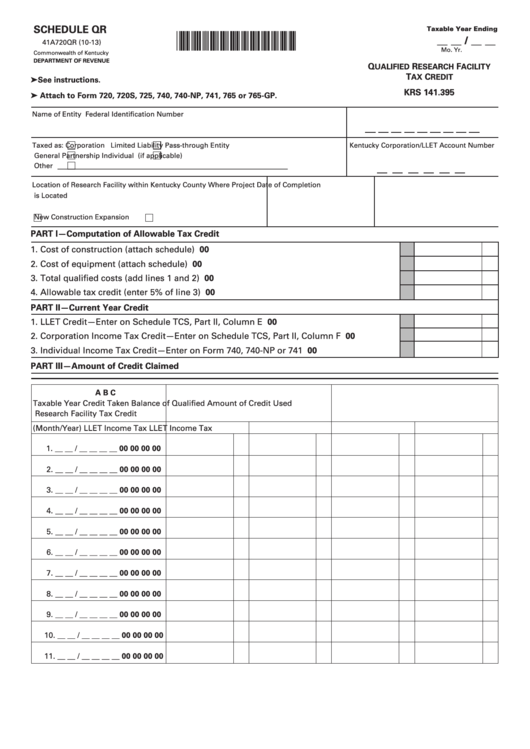 Fillable Schedule Qr (Form 41a720qr) - Qualified Research Facility Tax