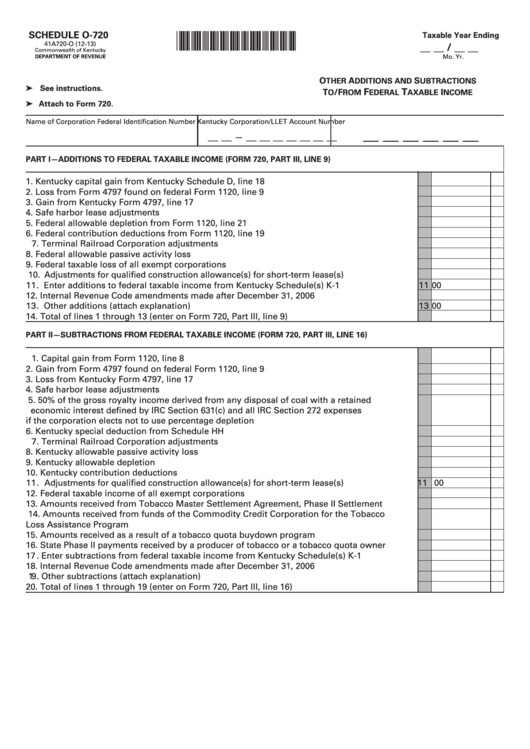 Fillable Schedule O-720 (Form 41a720-O) - Other Additions And Subtractions To/from Federal Taxable Income Printable pdf