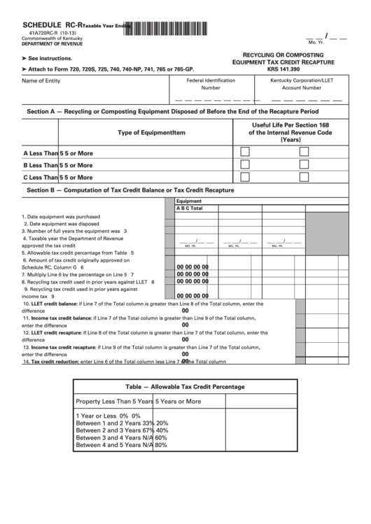 Fillable Schedule Rc-R (Form 41a720rc-R) - Recycling Or Composting Equipment Tax Credit Recapture Printable pdf