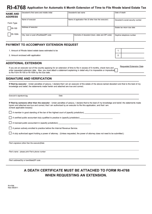 Fillable Form Ri-4768 - Application For Automatic 6 Month Extension Of Time To File Rhode Island Estate Tax - 2011 Printable pdf