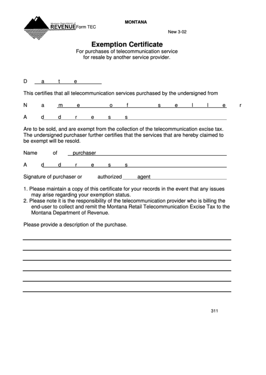 Montana Form Tec - Exemption Certificate Printable pdf