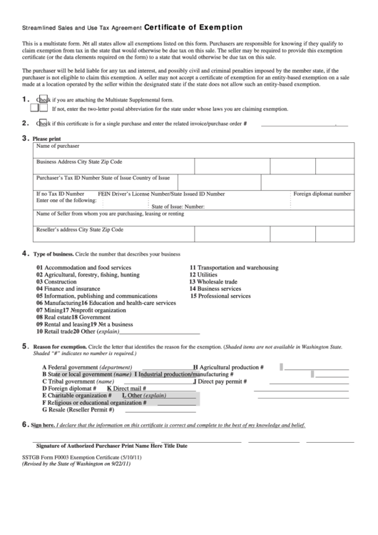 Sstgb Form F0003 - Streamlined Sales And Use Tax Agreement - Certificate Of Exemption Printable pdf