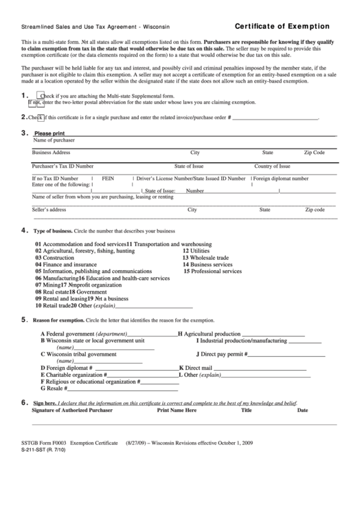 Sstgb Form F0003 - Streamlined Sales And Use Tax Agreement - Certificate Of Exemption - Wisconsin Printable pdf