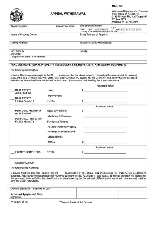 Fillable Form Pa-138 - Appeal Withdrawal Printable pdf