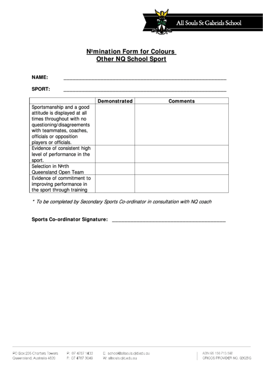 Nomination Form For Colors Other Nq School Sport Printable pdf