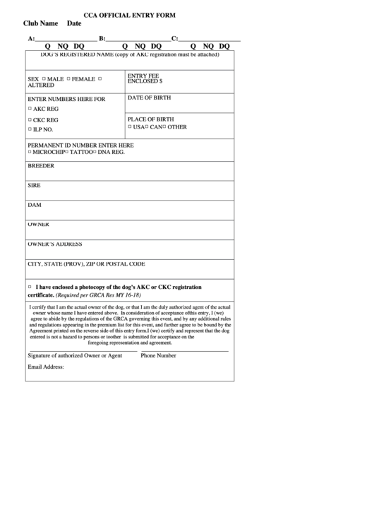 Cca Official Entry Form - Glassfibre Reinforced Concrete Association Printable pdf