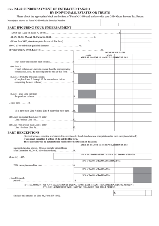 Fillable Form Nj-2210 - Underpayment Of Estimated Tax By Individuals, Estates Or Trusts - 2014 Printable pdf