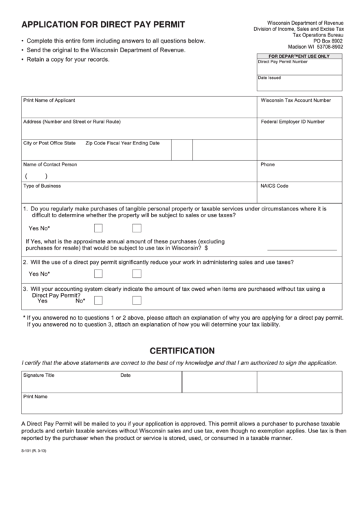 Form S-101 - Application For Direct Pay Permit - 2013 Printable pdf
