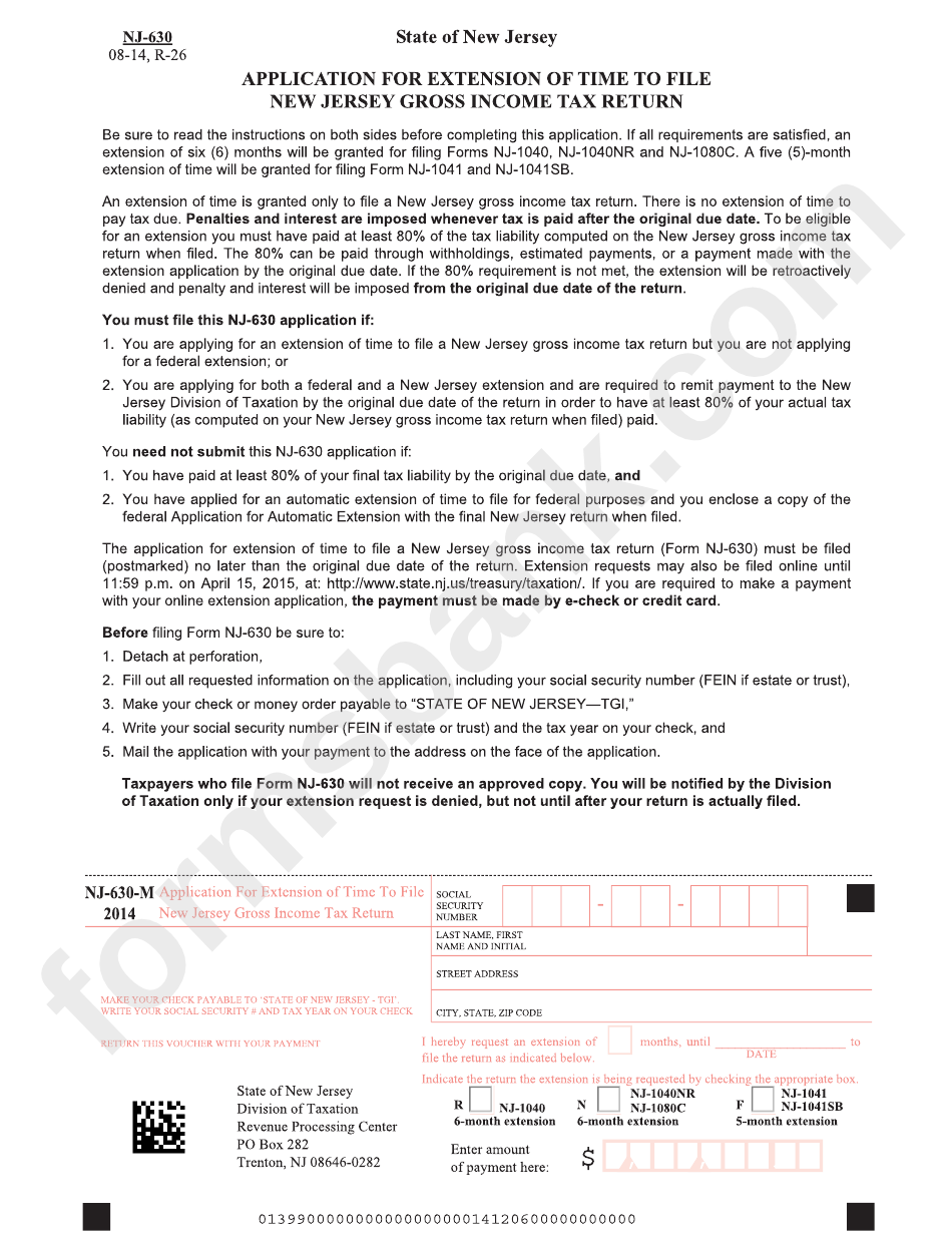 Form Nj-630 - Application For Extension Of Time To File New Jersey Gross Income Tax Return - 2014
